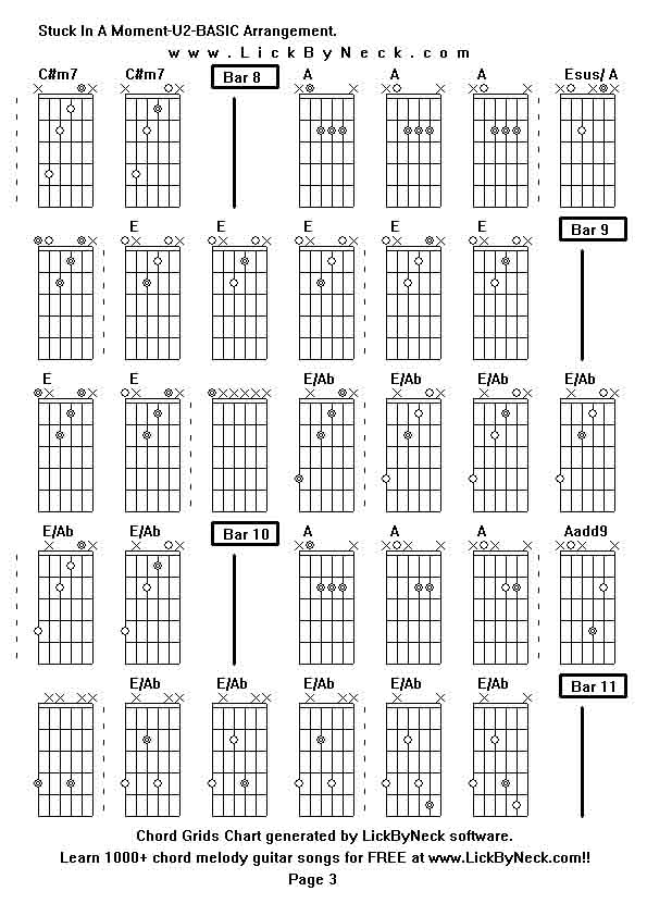 Chord Grids Chart of chord melody fingerstyle guitar song-Stuck In A Moment-U2-BASIC Arrangement,generated by LickByNeck software.